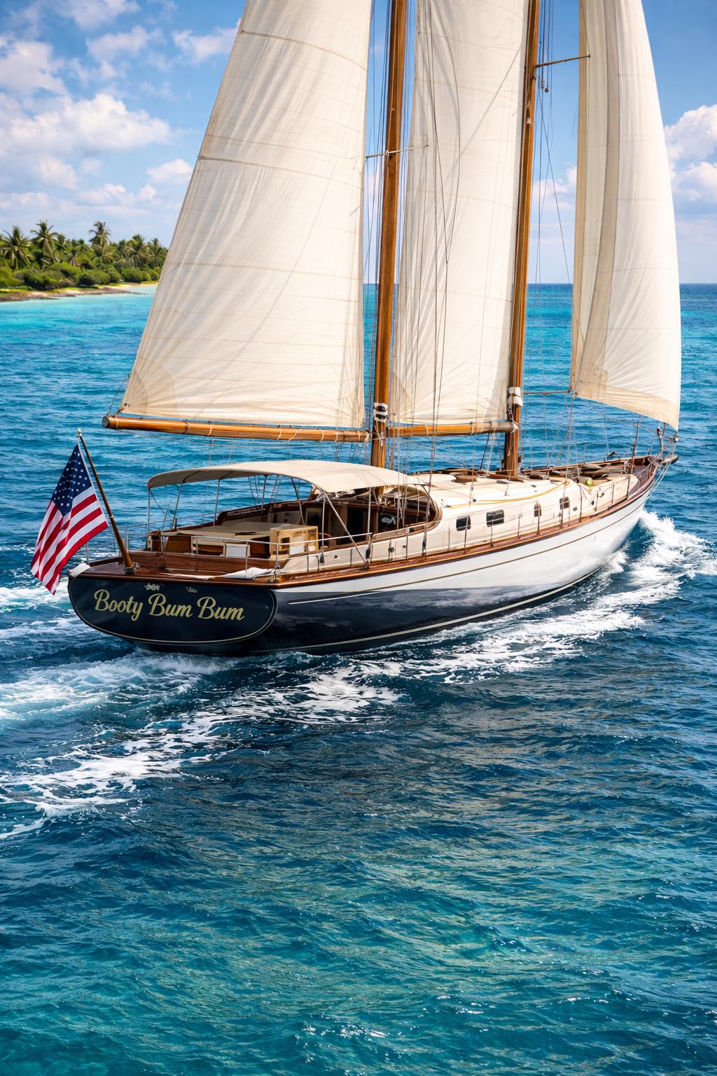 Booty Bum Bum sailboat in turquoise waters